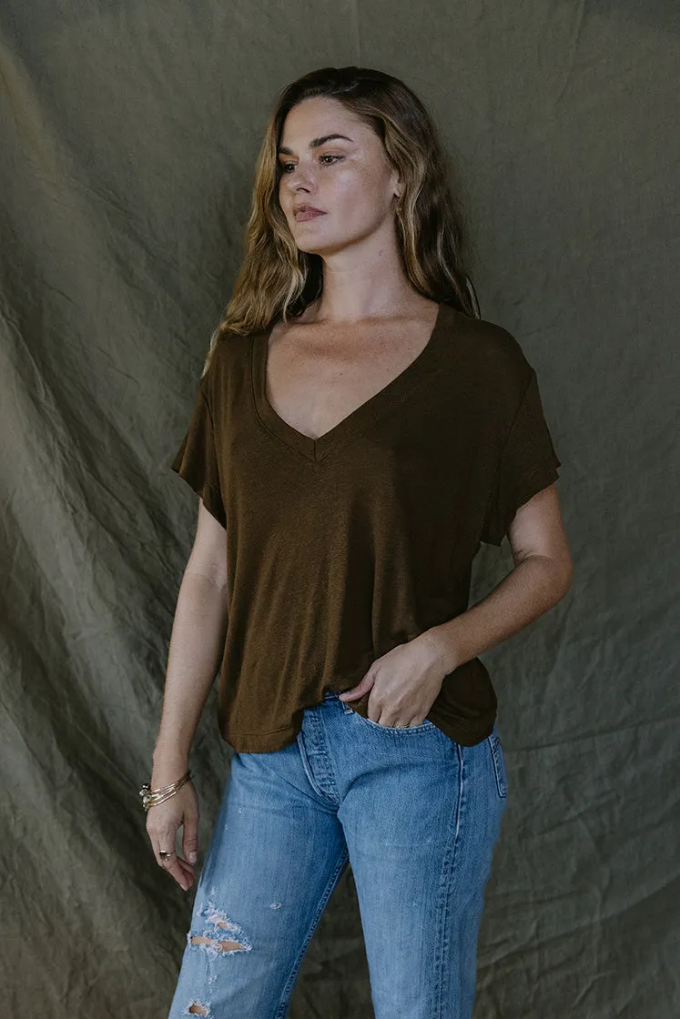 Oversized V-Neck Tee - Brown