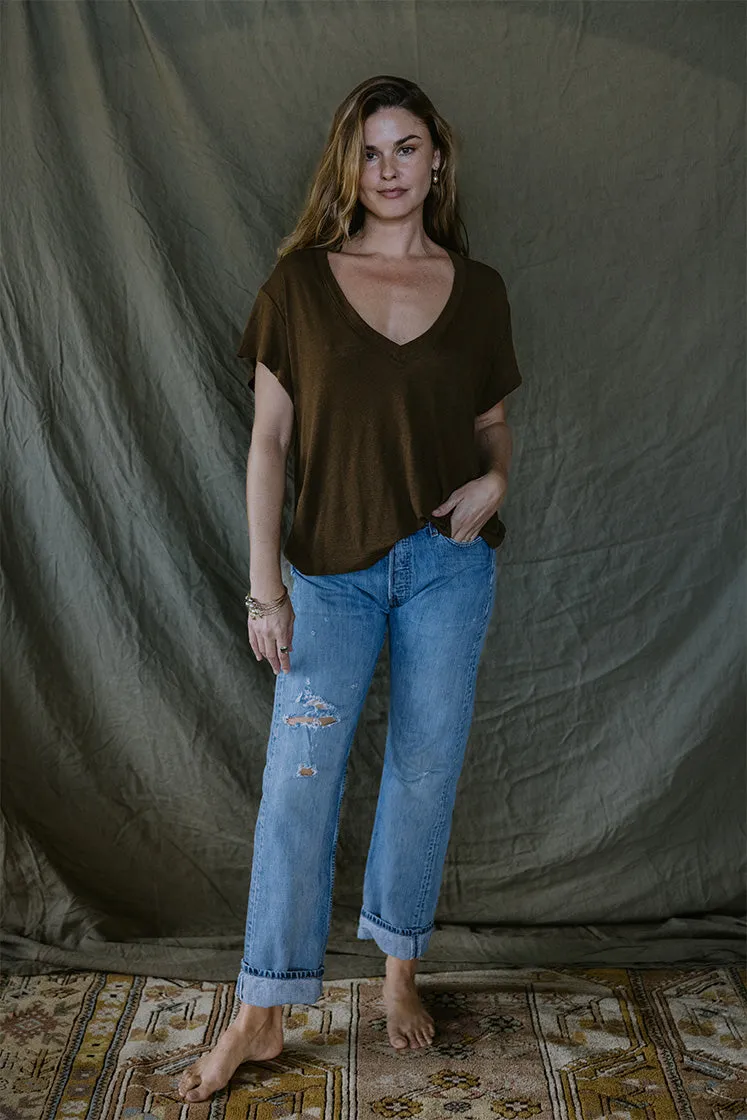 Oversized V-Neck Tee - Brown