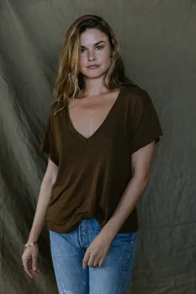 Oversized V-Neck Tee - Brown