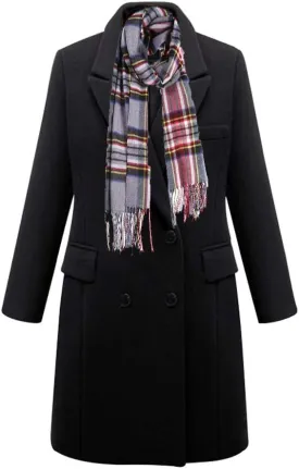Pantete Women's Notched Lapel Wool Coat Double Breasted Long Trench Jacket Winter Pea Coat with Cashmere Scarf