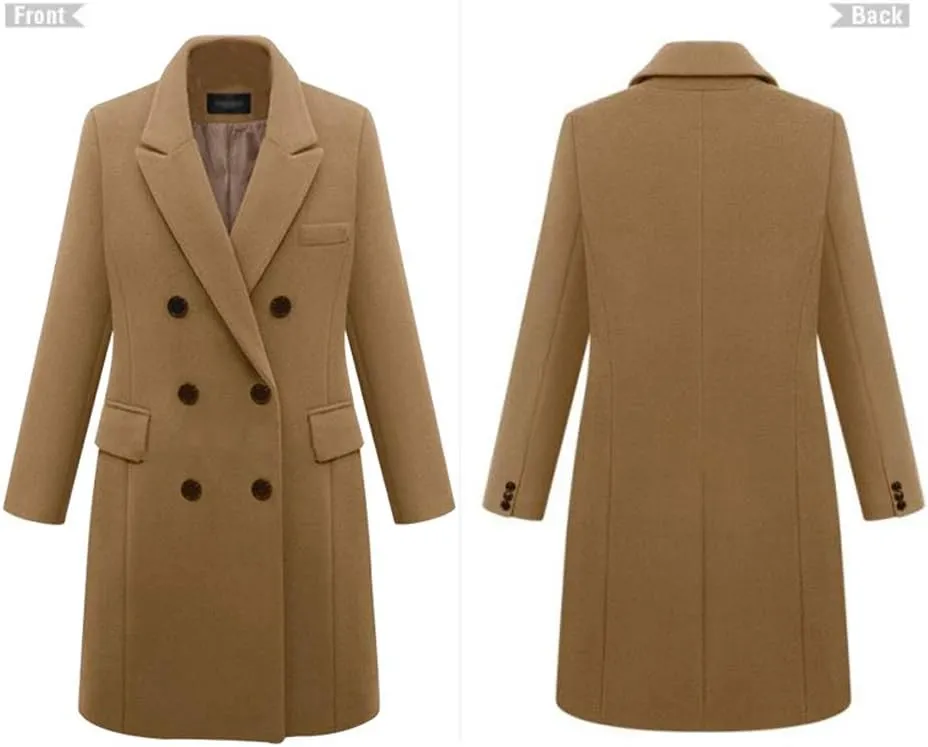 Pantete Women's Notched Lapel Wool Coat Double Breasted Long Trench Jacket Winter Pea Coat with Cashmere Scarf