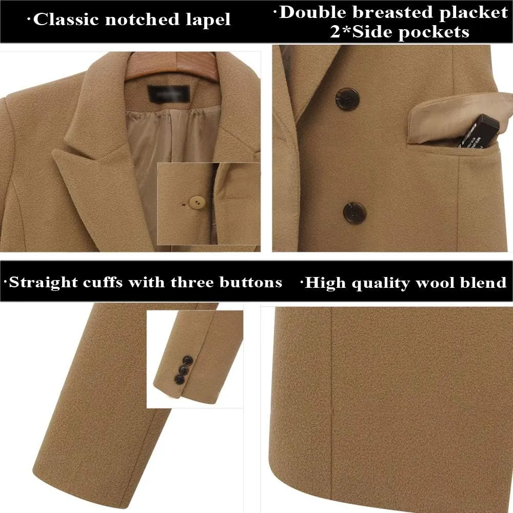 Pantete Women's Notched Lapel Wool Coat Double Breasted Long Trench Jacket Winter Pea Coat with Cashmere Scarf
