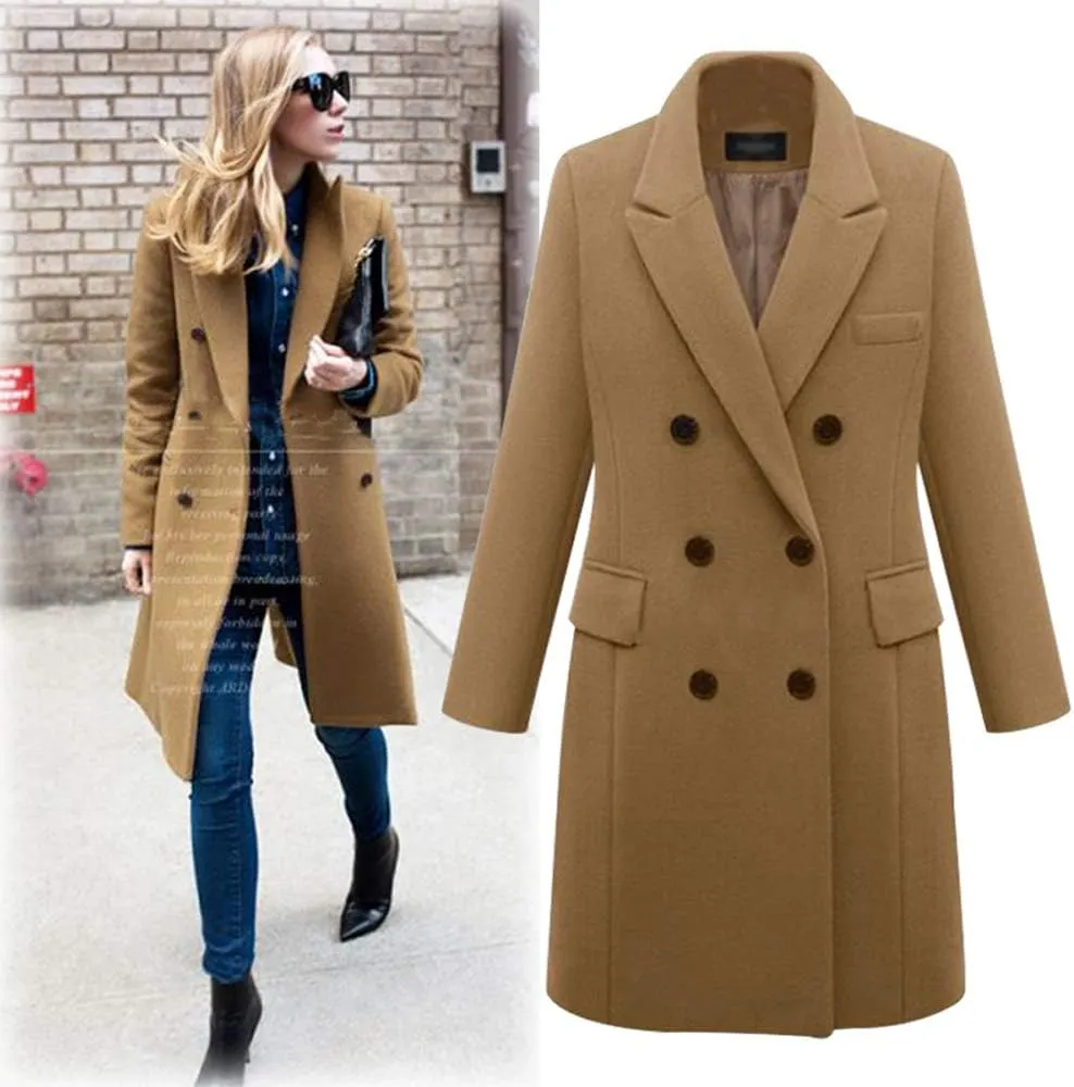 Pantete Women's Notched Lapel Wool Coat Double Breasted Long Trench Jacket Winter Pea Coat with Cashmere Scarf