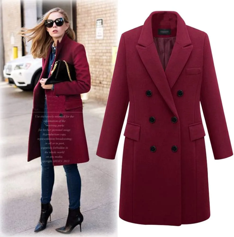 Pantete Women's Notched Lapel Wool Coat Double Breasted Long Trench Jacket Winter Pea Coat with Cashmere Scarf