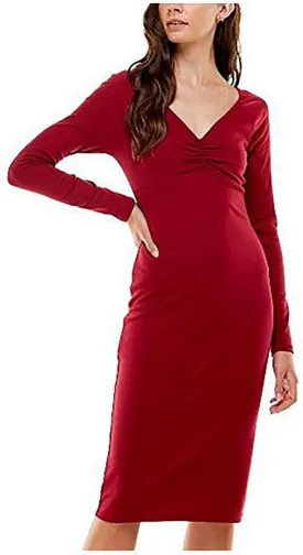 PLANET GOLD Womens Stretch Ruched Cut Out Unlined Pullover Styling Long Sleeve V Neck Knee Length Cocktail Sheath Dress