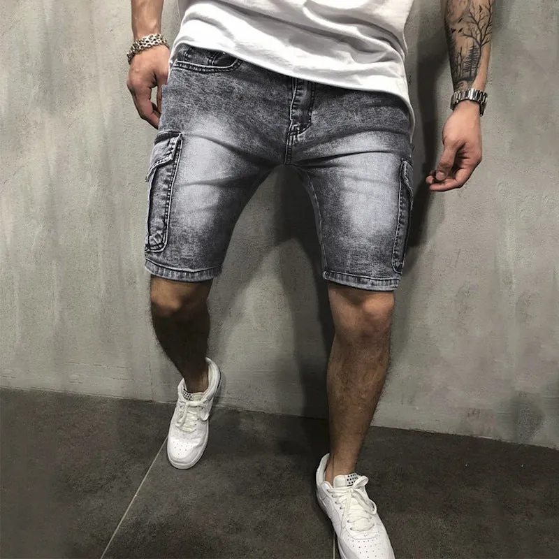Pocket Denim Zipper Slim Stretch Five Point Shorts
