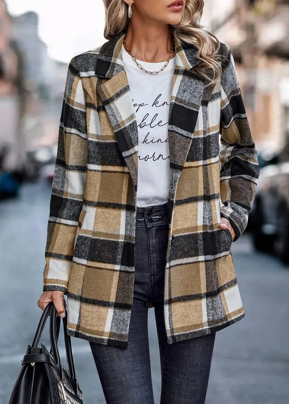 PRETTYGARDEN Women's Plaid Shacket Jacket Trendy Casual Button Wool Blend Winter Tartan Trench Coat with Pockets