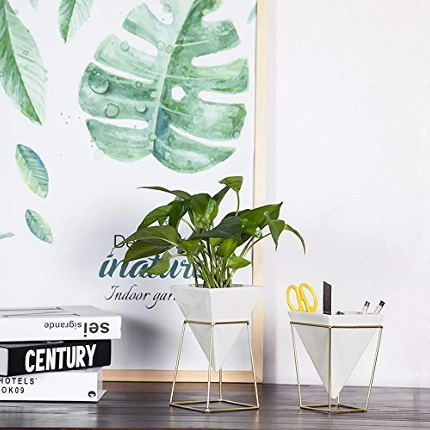 Purzest Modern Indoor Desktop Planter Vase,Ceramic Planter with Metal Stand(White   Gold)