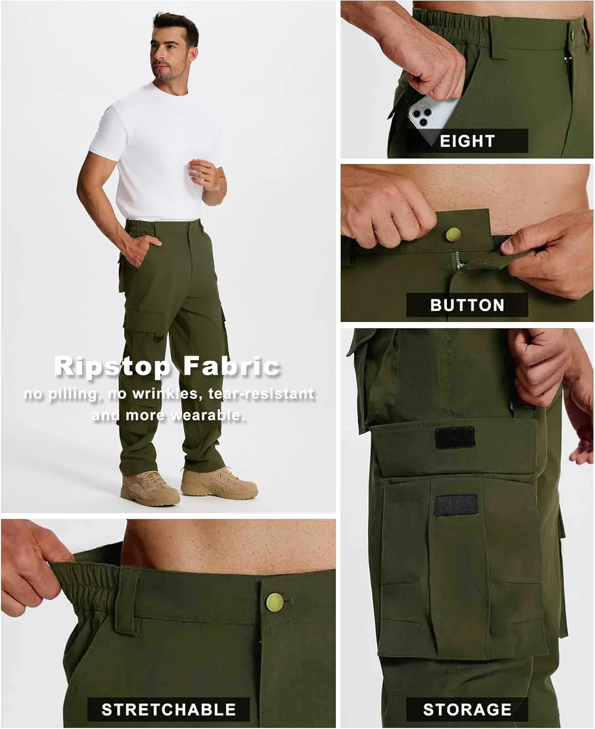 Susclude Cargo Pants for Men - Heavy Duty Stretch Tactical Pants Durability Ripstop Hiking Pants with 8 Pockets