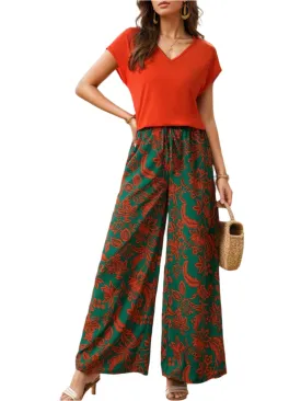 TEEK - Orange V-Neck Short Sleeve Top Printed Pants Set