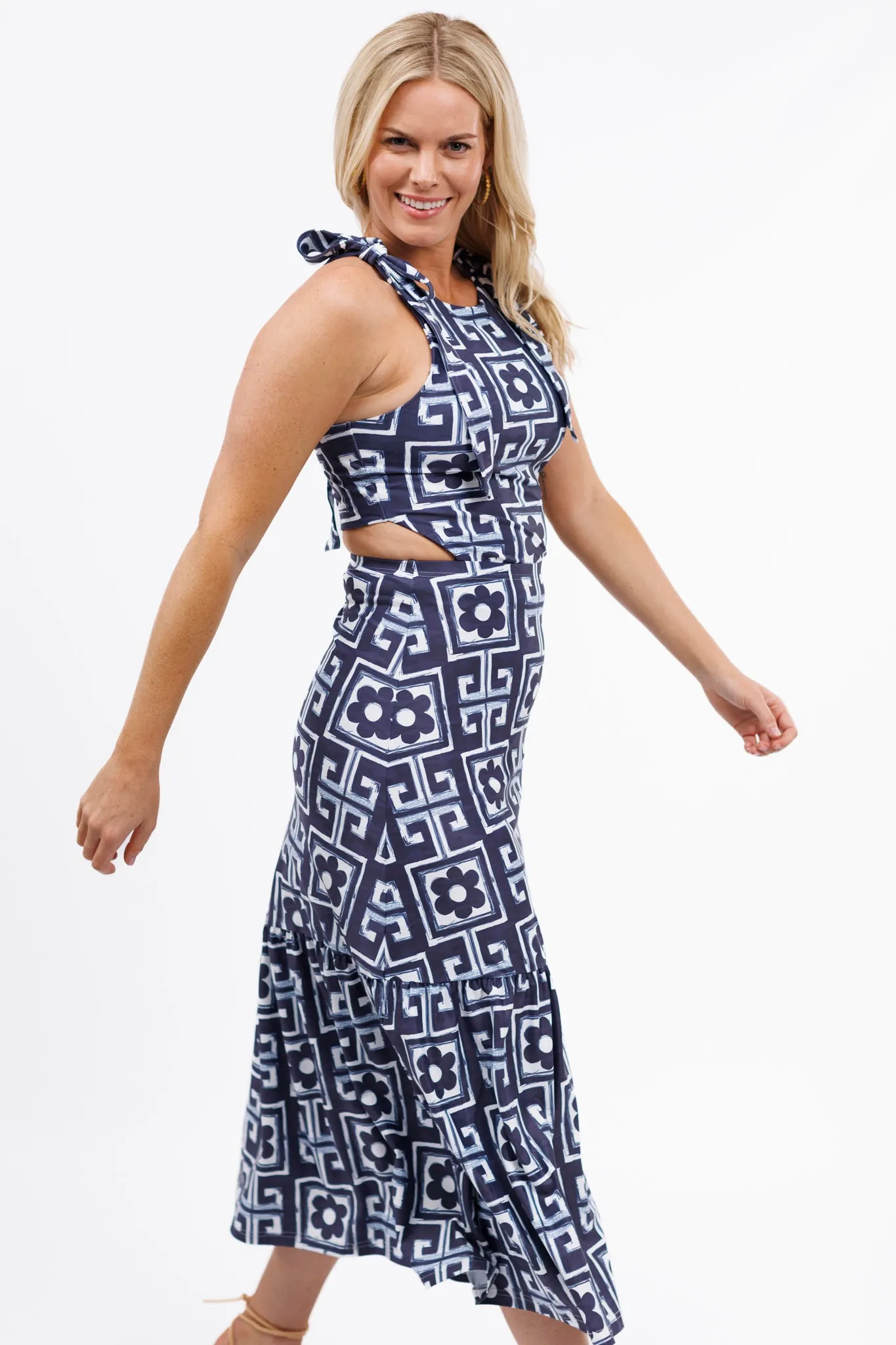 The Indigo Dress - Flower Maze Navy