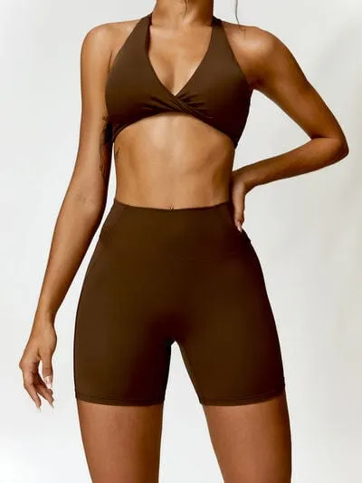 Twisted Halter Neck Bra and Shorts Active Set