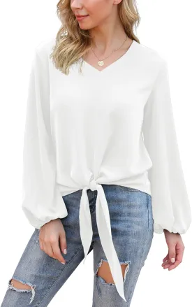 VIISHOW Womens Tie Front Knot Lartern Sleeve Loose Fit V Neck Floral Blouses Chiffon Tops Shirts