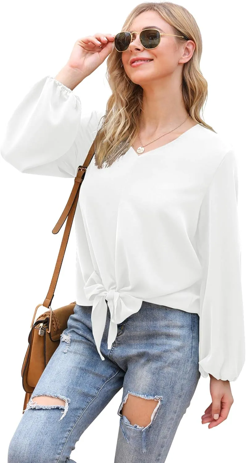 VIISHOW Womens Tie Front Knot Lartern Sleeve Loose Fit V Neck Floral Blouses Chiffon Tops Shirts