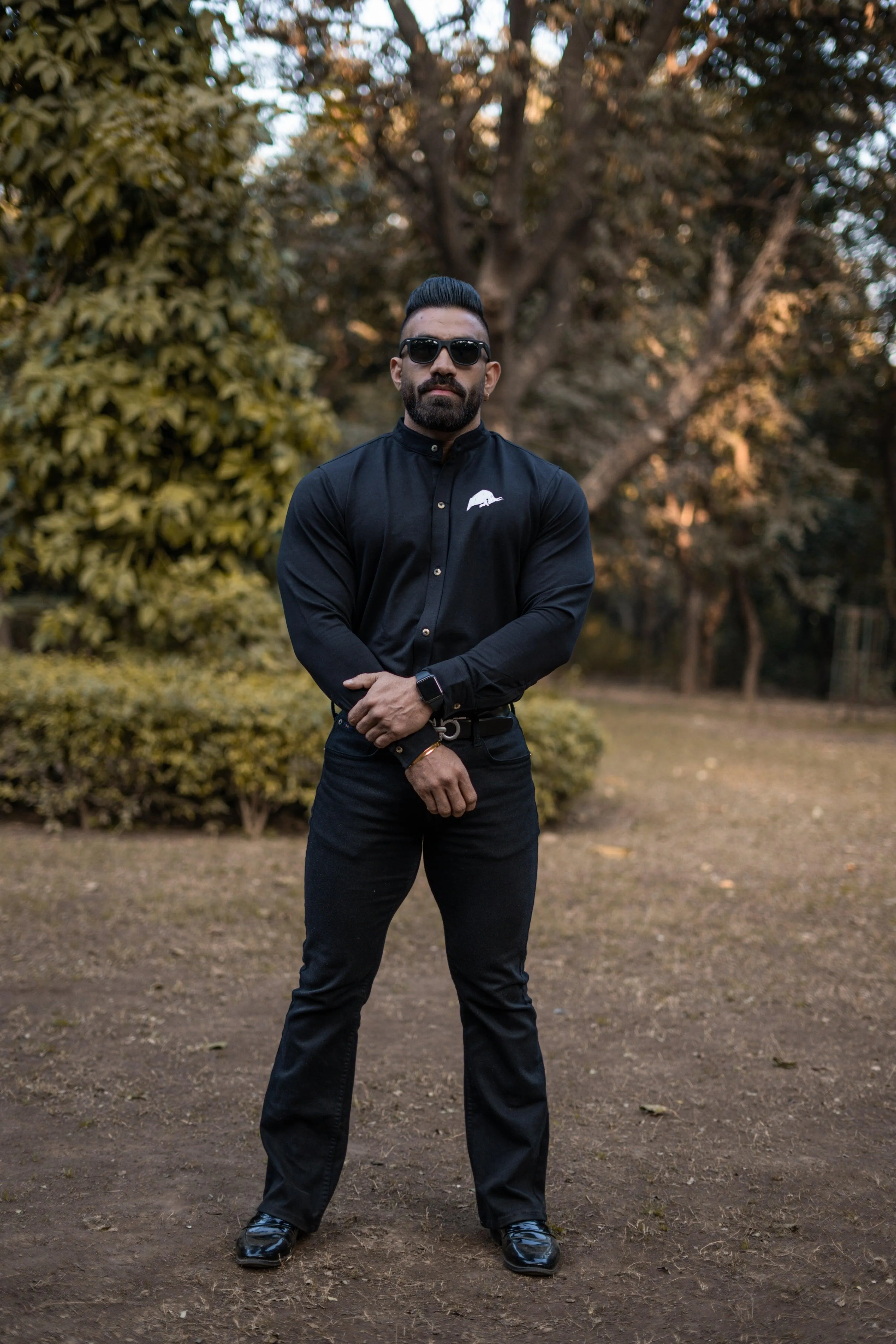 WILD VERVE SLIM STRETCH BLACK GRANDAD COLLAR SHIRT