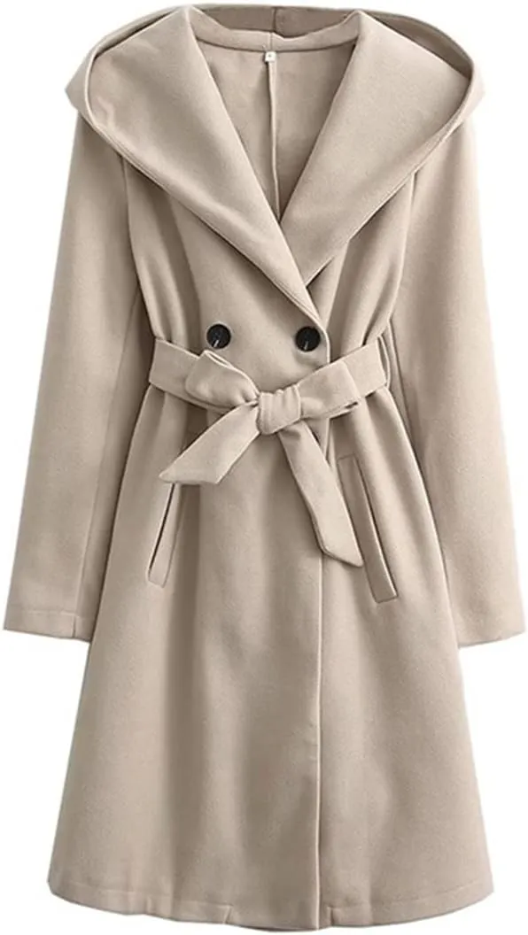 Woman Casual Jacket Autumn Winter Double Breasted Longline Loose Trench Coat Belted Hooded Overcoat Beige