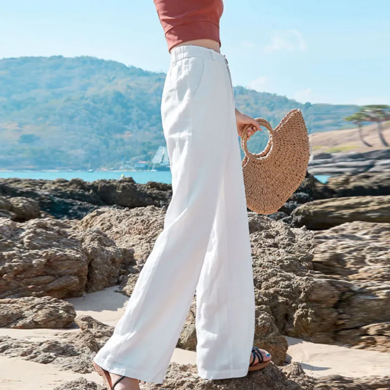 Women Linen High Waist Straight Leg Pants