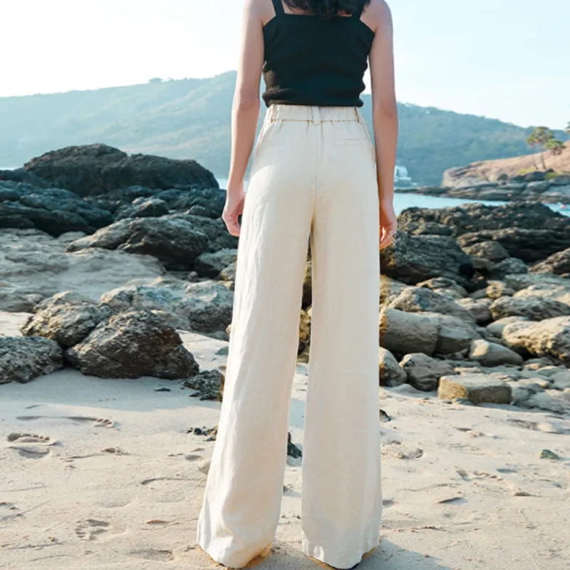 Women Linen High Waist Straight Leg Pants