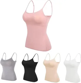 Womens Adjustable Camisoles with Built in Bra,Stretch Cotton Tank Top Spaghetti Strap Scoop Neck Layer Cami