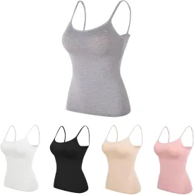 Womens Adjustable Camisoles with Built in Bra,Stretch Cotton Tank Top Spaghetti Strap Scoop Neck Layer Cami