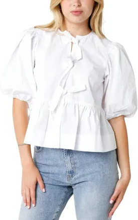 Womens Puff Sleeve Tie Front Blouse Tie Front Half Sleeve Top