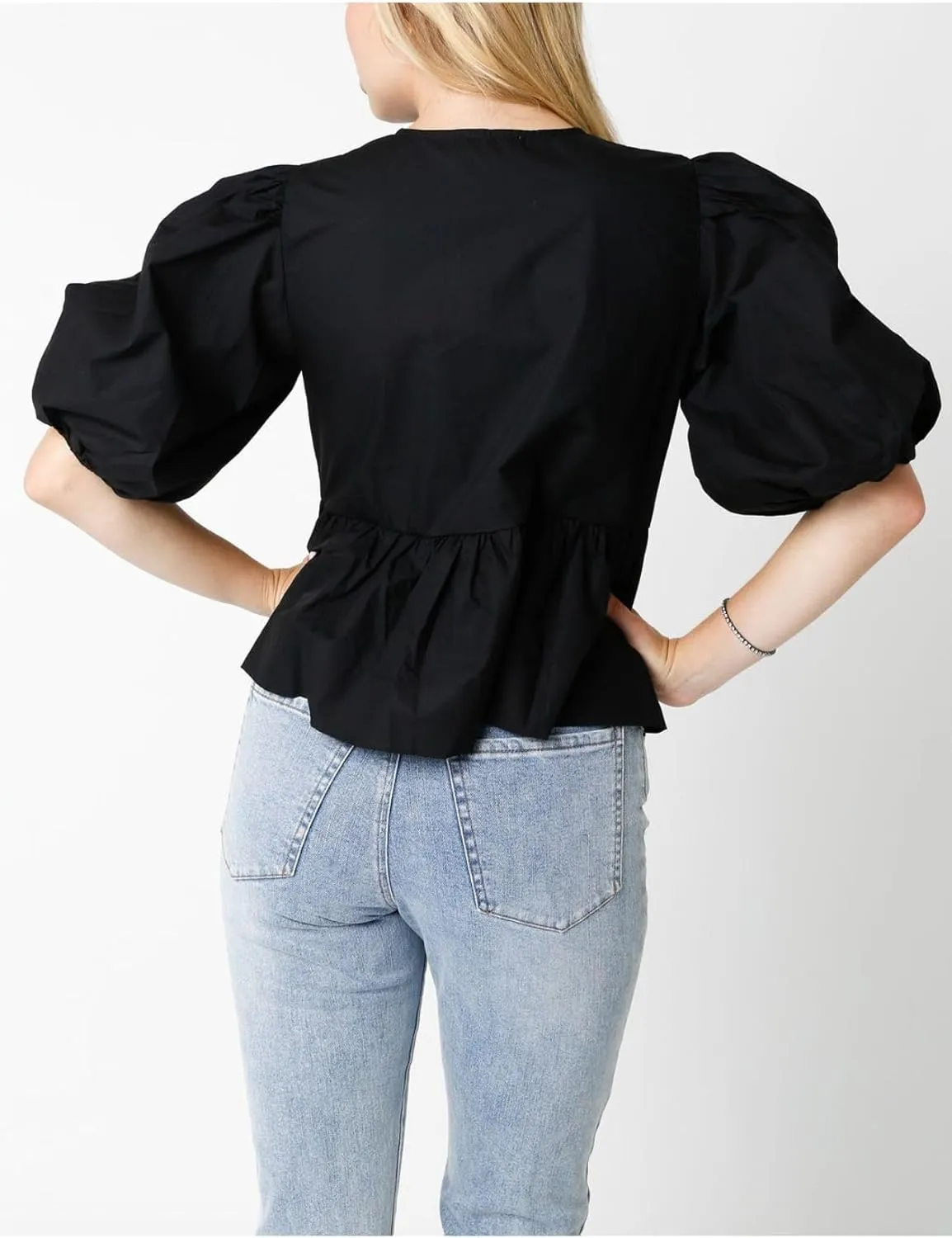 Womens Puff Sleeve Tie Front Blouse Tie Front Half Sleeve Top