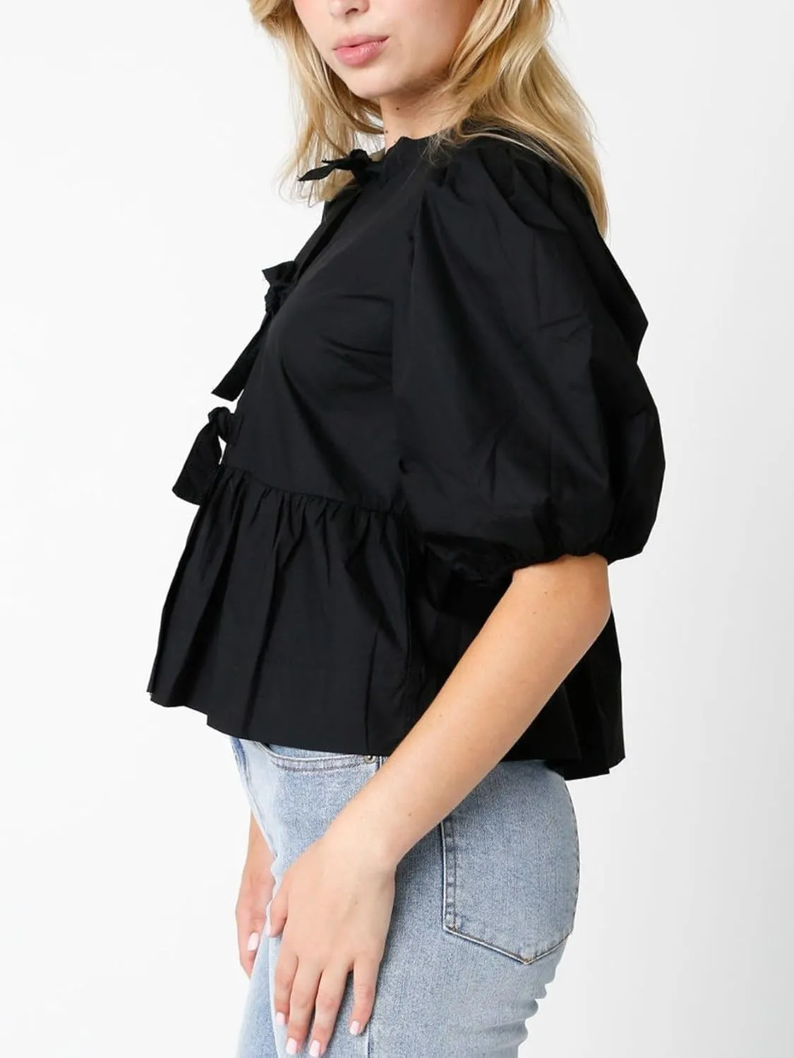 Womens Puff Sleeve Tie Front Blouse Tie Front Half Sleeve Top