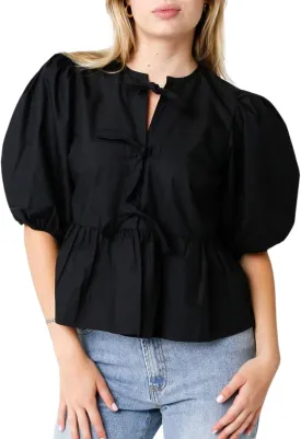 Womens Puff Sleeve Tie Front Blouse Tie Front Half Sleeve Top