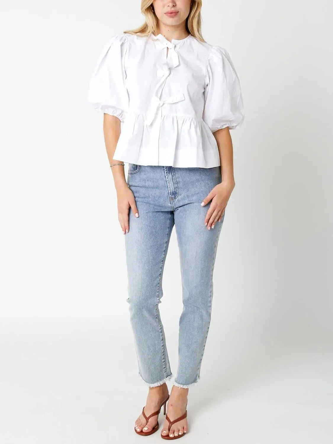 Womens Puff Sleeve Tie Front Blouse Tie Front Half Sleeve Top