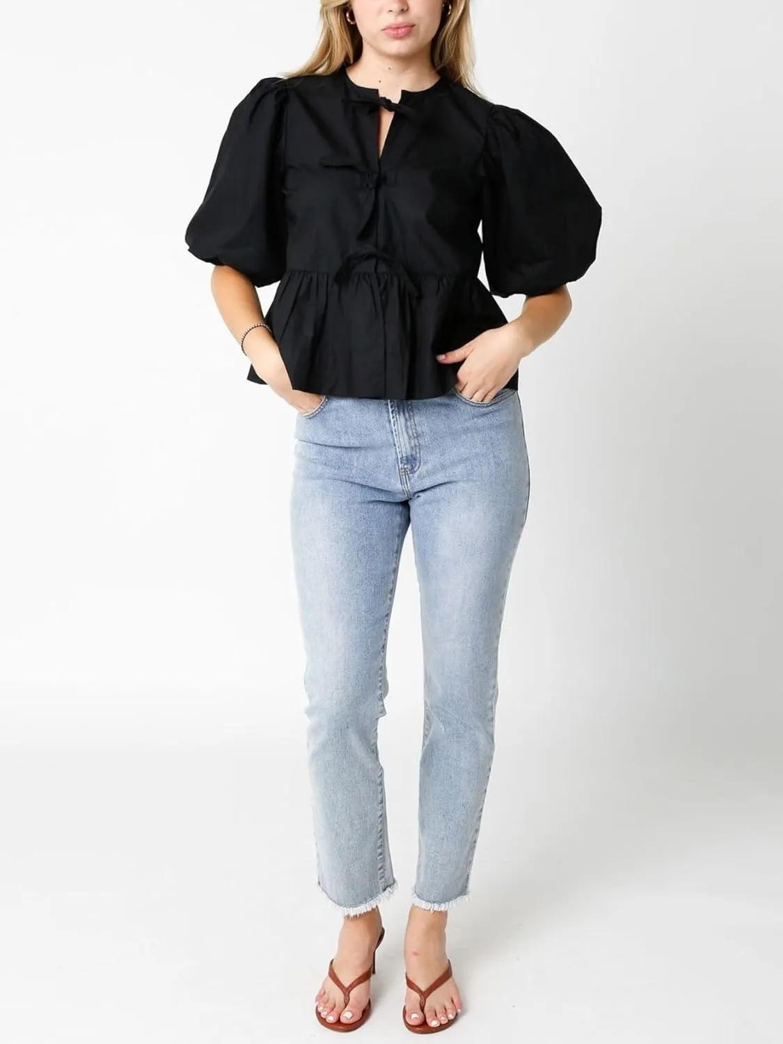 Womens Puff Sleeve Tie Front Blouse Tie Front Half Sleeve Top