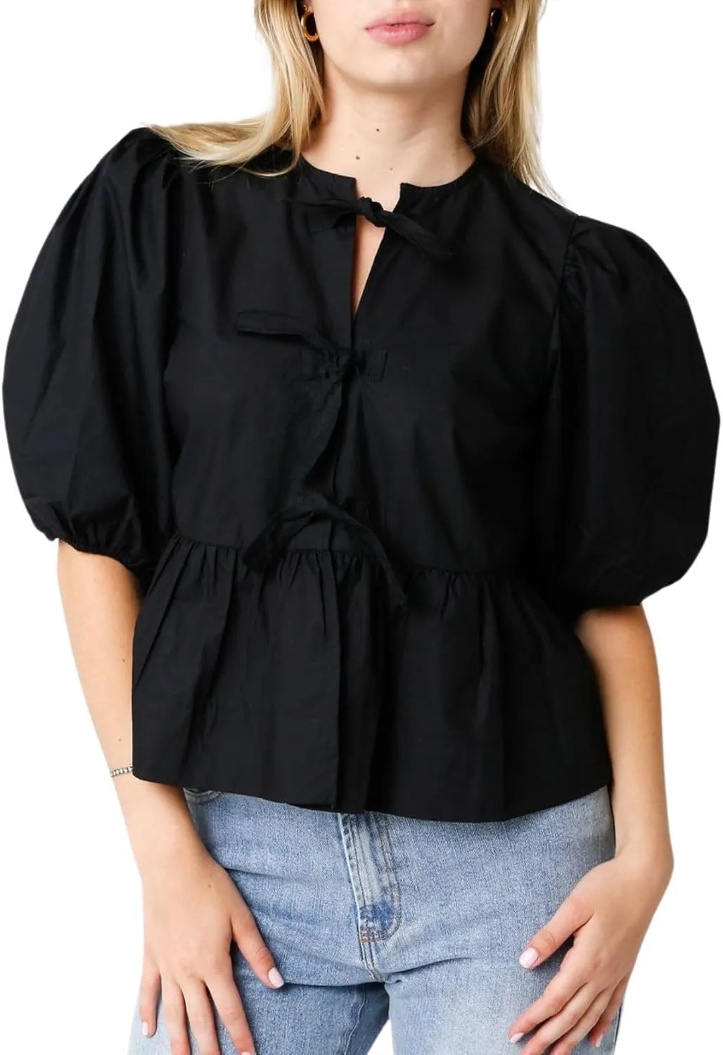 Womens Puff Sleeve Tie Front Blouse Tie Front Half Sleeve Top