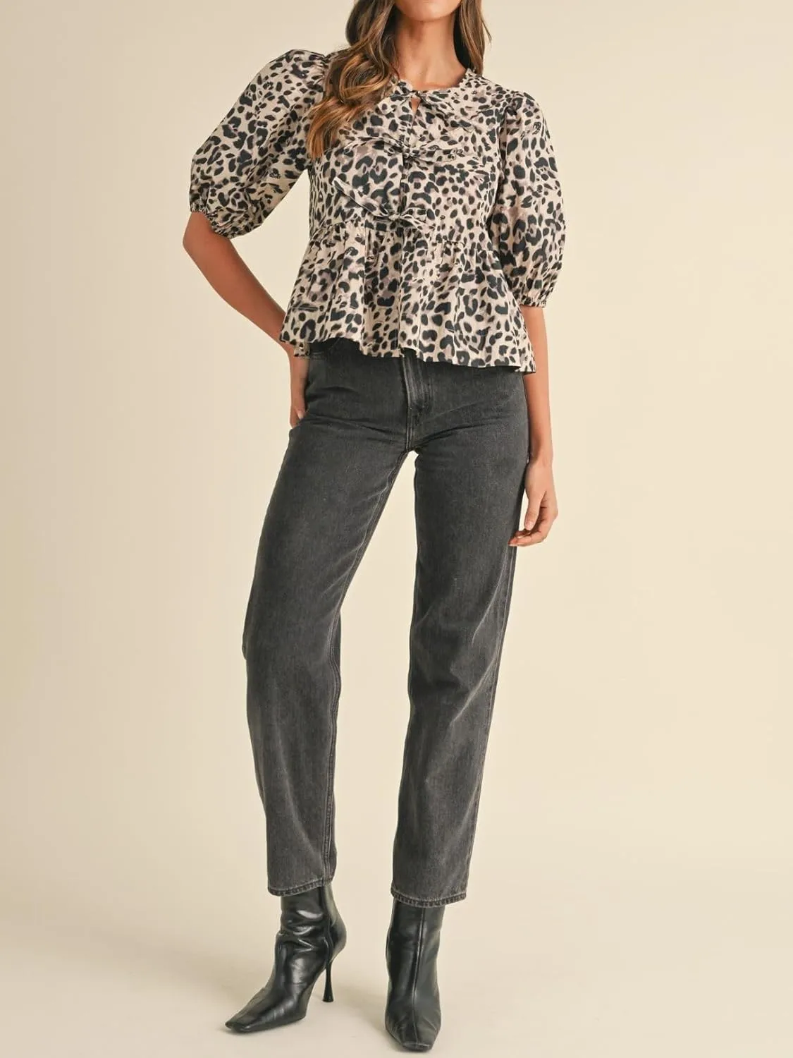 Womens Puff Sleeve Tie Front Blouse Tie Front Half Sleeve Top