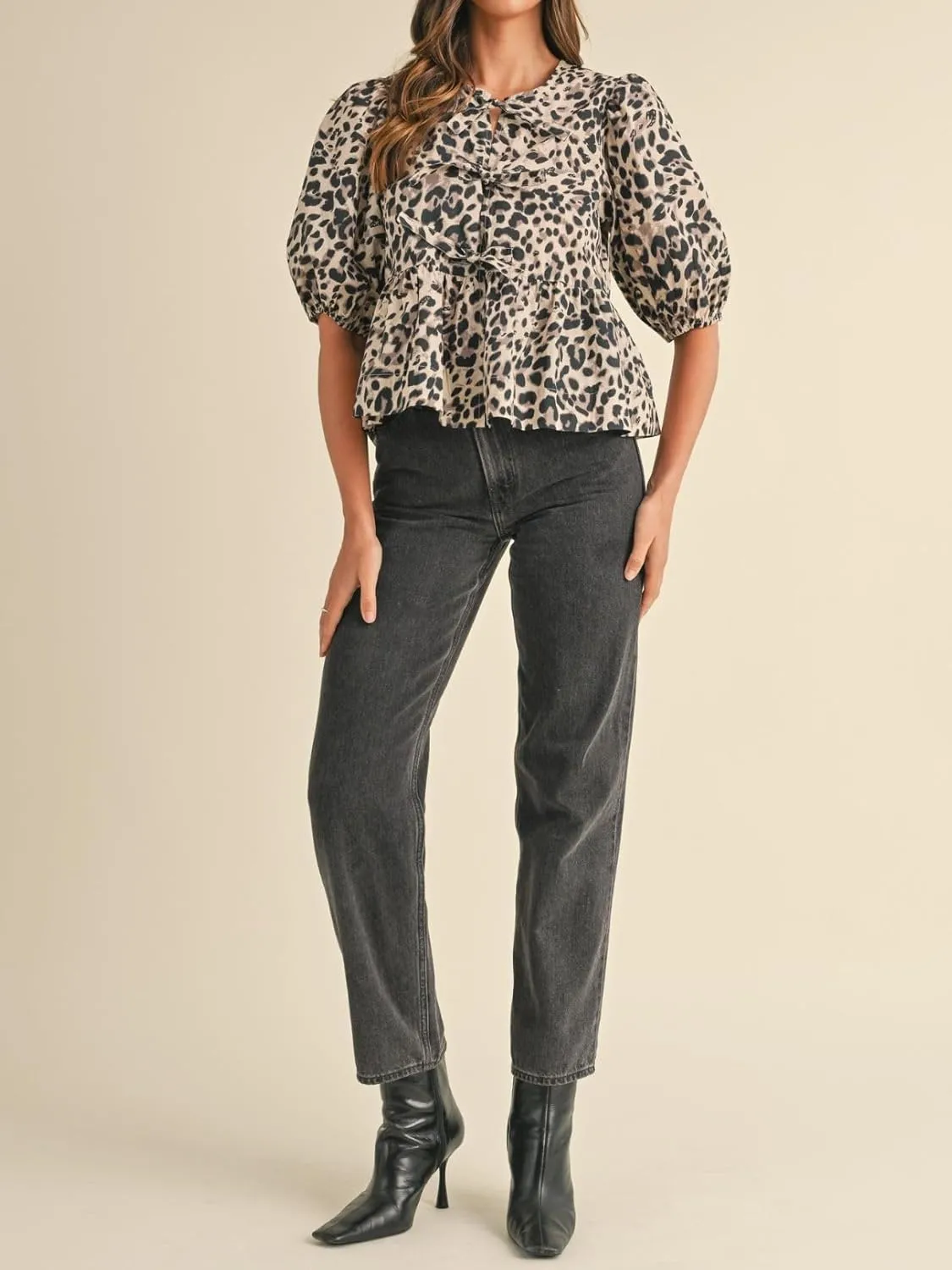 Womens Puff Sleeve Tie Front Blouse Tie Front Half Sleeve Top